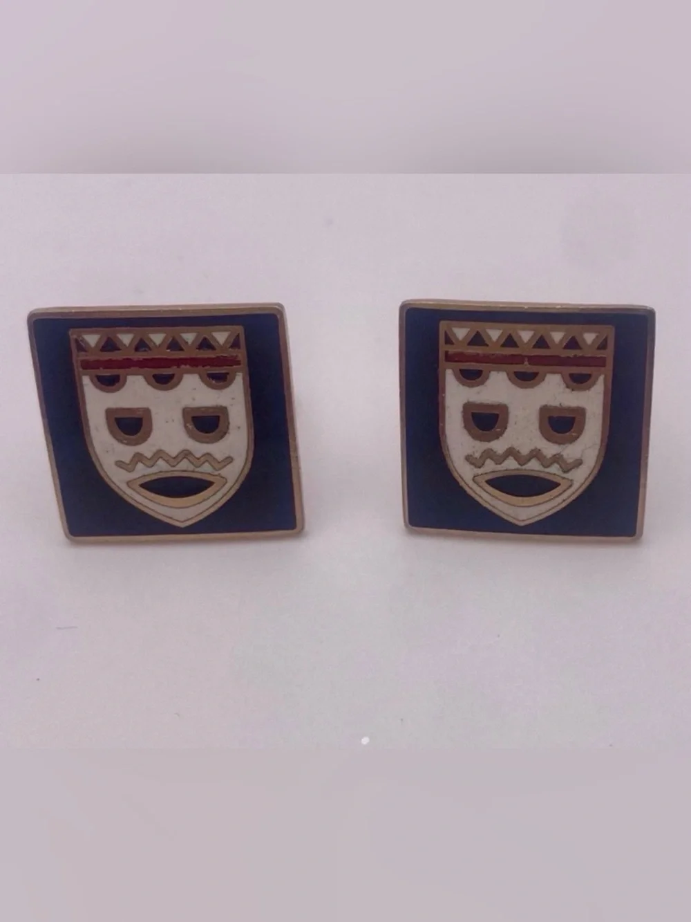 Swank Enamel Mask Cufflinks, Mid Century Modern Tribal Tiki Shield Cuff Links